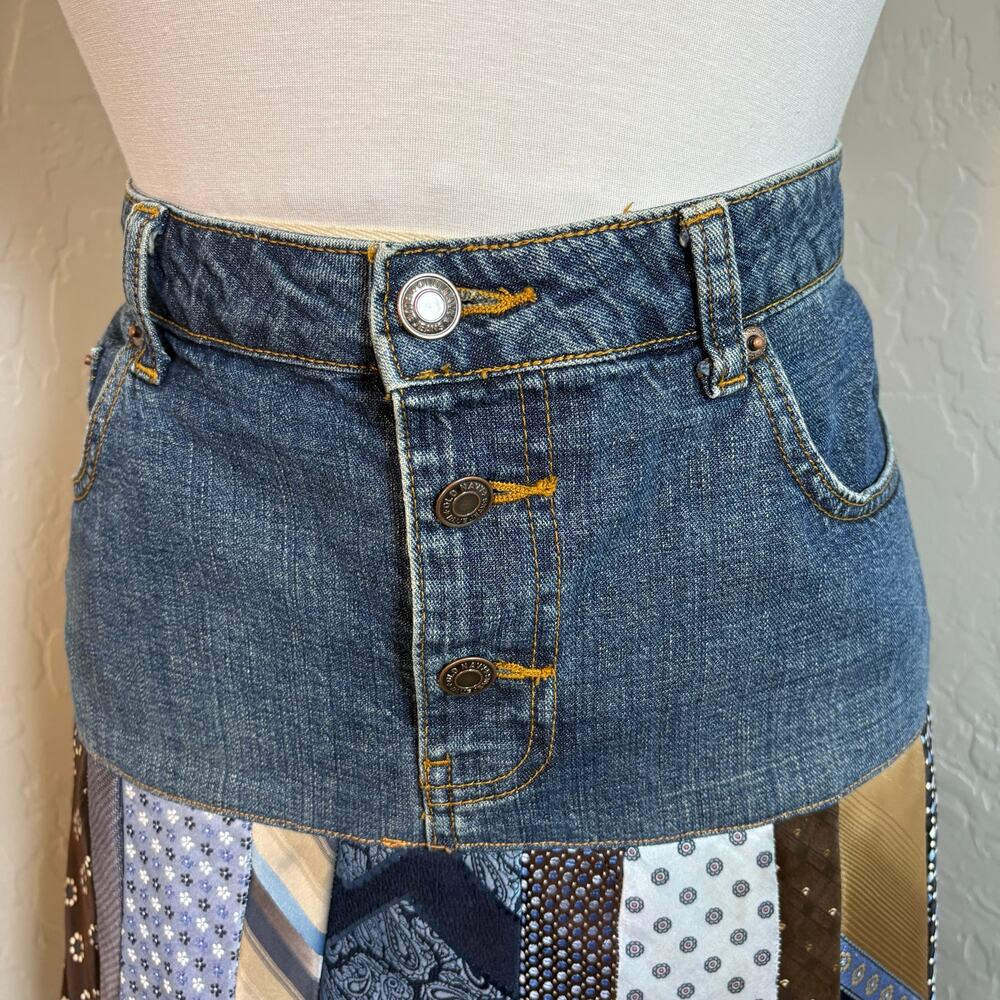 Vintage Handmade Upcycled Neck Tie Denim Jeans Skirt Boho Maximalist 12 - Picture 5 of 16